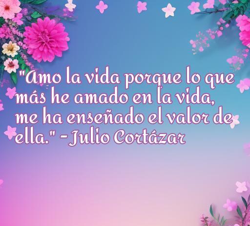 Cita inspiradora de Julio Cortázar sobre el amor a la vida, con un fondo colorido y flores, ideal para reflexionar sobre el valor de la existencia y el amor. Frases motivadoras de escritores famosos.