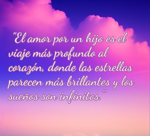 Frase inspiradora sobre el amor hacia los hijos, destacando que 'El amor por un hijo es el viaje más profundo al corazón', con un fondo de nubes en tonos suaves que evocan ternura y protección. Ideal para un artículo sobre cincuenta frases de amor a los hijos.