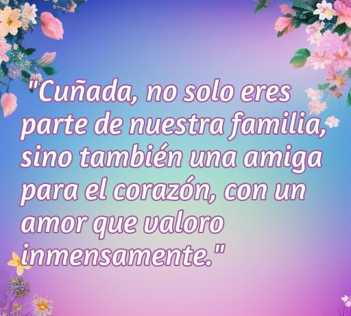 Frase romántica para cuñadas: 'Cuñada, no solo eres parte de nuestra familia, sino también una amiga para el corazón, con un amor que valoro inmensamente.' Ideal para expresar amor y cariño a una cuñada.