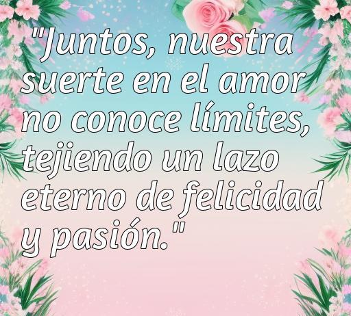 Frase romántica sobre el amor y la suerte: 'Juntos, nuestra suerte en el amor no conoce límites, tejiendo un lazo eterno de felicidad y pasión'. Ideal para compartir en San Valentín y celebraciones de amor.