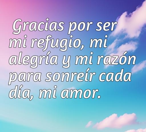 Frase inspiradora de amor que expresa gratitud, agradeciendo por la compañía y el apoyo de un ser querido. Ideal para transmitir emociones de amor y agradecimiento.