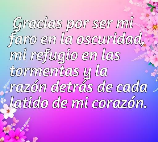 Frase romántica de agradecimiento hacia la pareja: 'Gracias por ser mi faro en la oscuridad, mi refugio en las tormentas y la razón detrás de cada latido de mi corazón'. Inspiración para expresar amor y gratitud.