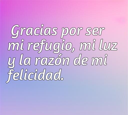 Frase de amor y agradecimiento que dice: 'Gracias por ser mi refugio, mi luz y la razón de mi felicidad.' Esta imagen ilustra la esencia del amor y el agradecimiento en relaciones significativas, perfecta para un artículo sobre frases cortas de amor.