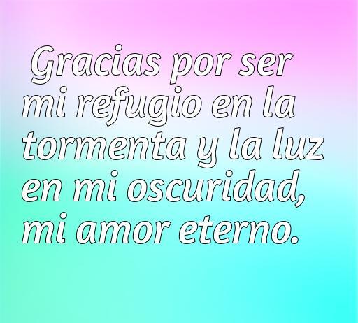 Frase de amor y agradecimiento que dice: 'Gracias por ser mi refugio en la tormenta y la luz en mi oscuridad, mi amor eterno'. Frases cortas que expresan amor y gratitud.