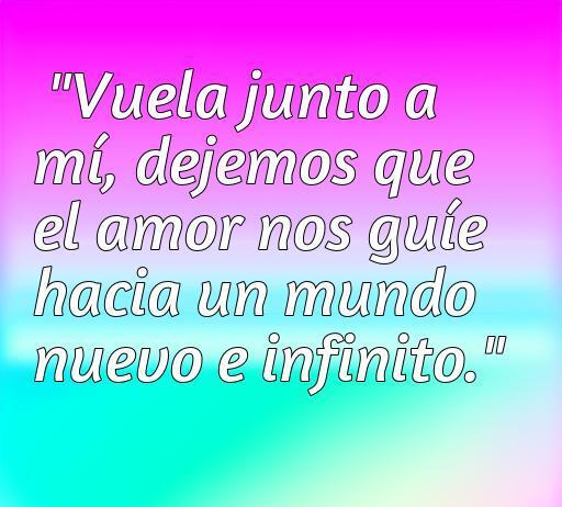Frase inspiradora de amor de Aladino que dice: 'Vuela junto a mí, dejemos que el amor nos guíe hacia un mundo nuevo e infinito.' Ideal para expresar sentimientos románticos y optimizar contenido sobre frases de amor de Aladdin.