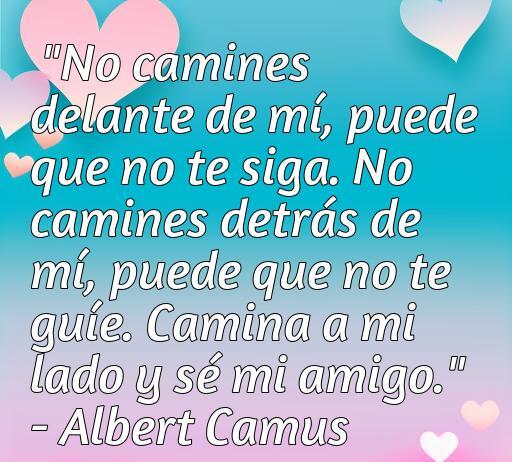 Frase de amor de Albert Camus sobre la amistad y el caminar juntos, destacando la importancia de acompañarse mutuamente. Ideal para un artículo sobre las mejores frases románticas de Camus.