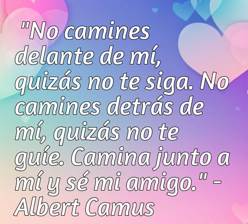 Una hermosa frase de amor de Albert Camus que dice: 'No camines delante de mí, quizás no te siga. No camines detrás de mí, quizás no te guíe. Camina junto a mí y sé mi amigo.' Ideal para reflexionar sobre el amor y la amistad en el contexto de las mejores frases de Camus.