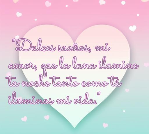 Frase romántica de buenas noches sobre el amor, destacando el deseo de dulces sueños y la luz de la luna. Ideal para inspirar mensajes nocturnos y reflejar sentimientos en relaciones amorosas.