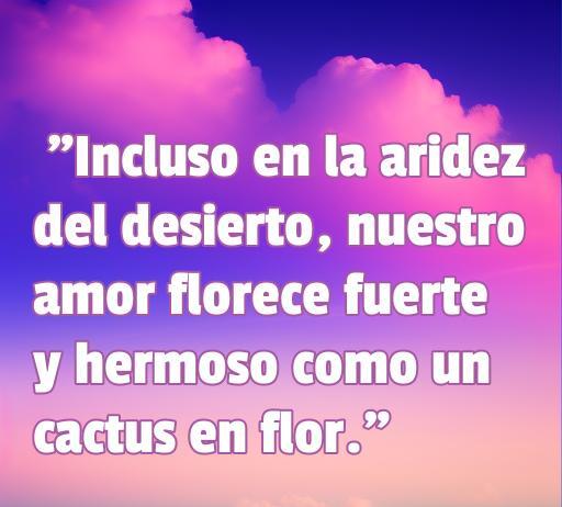 Frase inspiradora de amor representada con una cita sobre cómo el amor florece en la adversidad, junto a la imagen de un cactus en flor, ideal para amantes de las frases de amor cactus.
