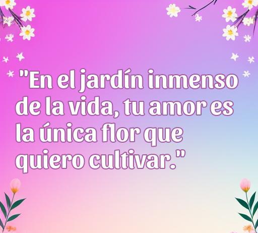 Frase romántica sobre el amor en un fondo floral colorido: 'En el jardín inmenso de la vida, tu amor es la única flor que quiero cultivar'. Ideal para ilustrar el artículo sobre las mejores frases de amor entre compañeros.