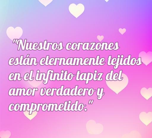 Frase romántica sobre amor comprometido con el texto: 'Nuestros corazones están eternamente tejidos en el infinito tapiz del amor verdadero y comprometido.' Ideal para reflejar sentimientos profundos y fortalecer relaciones, parte de las mejores frases de amor comprometido.