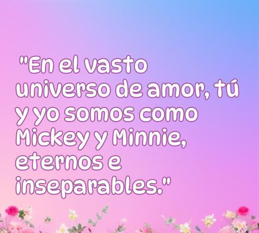 Frase romántica sobre el amor eterno representando a Mickey y Minnie, símbolos de un amor inseparable. Ideal para inspirar sentimientos de amor y compañerismo.