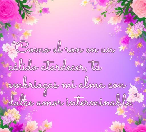 Frase romántica sobre el amor y el ron, ideal para acompañar un artículo sobre cincuenta frases de amor con ron. La imagen muestra un texto decorativo sobre un fondo floral que evoca calidez y dulzura.