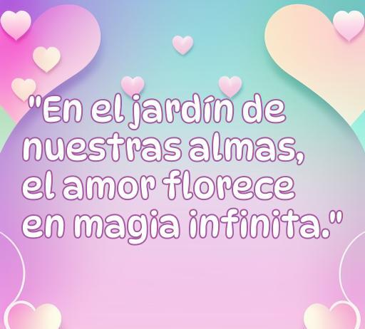 frases de amor cortas para portada Frase inspiradora sobre el amor en un fondo romántico con corazones, ideal para ilustrar frases de amor cortas para portada en redes sociales y blogs. Texto: 'En el jardín de nuestras almas, el amor florece en magia infinita.'