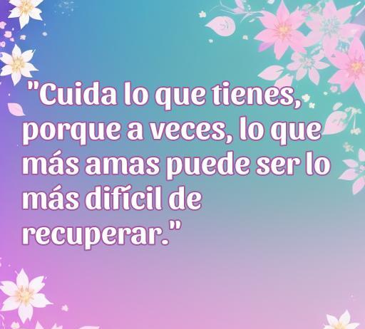 Frase inspiradora de amor que dice: 'Cuida lo que tienes, porque a veces, lo que más amas puede ser lo más difícil de recuperar.' Ideal para reflexionar sobre el amor y las relaciones, en un artículo sobre cincuenta frases de amor que invitan a valorar lo que tenemos.