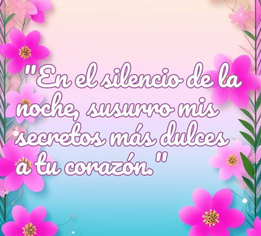 Frase inspiradora de amor que dice 'En el silencio de la noche, susurro mis secretos más dulces a tu corazón.' La imagen incluye flores rosas en un fondo suave, ideal para acompañar frases de amor curtas e discretas. Perfecta para transmitir emociones sutiles y profundas en el contexto del amor.