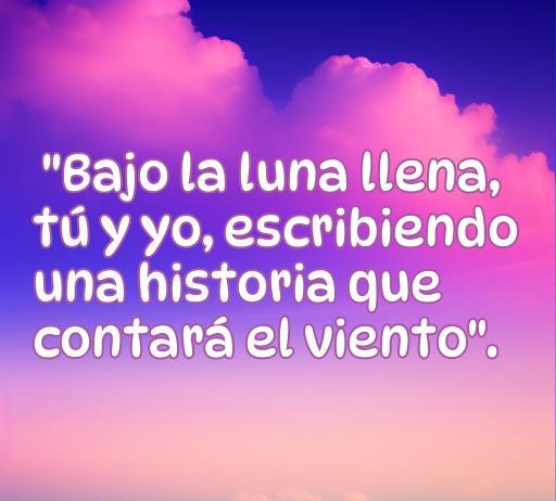 Frase de amor de Camilo Echeverry que dice 'Bajo la luna llena, tú y yo, escribiendo una historia que contará el viento'. Mensaje romántico ideal para compartir, resaltando el amor eterno y la conexión mágica entre parejas.