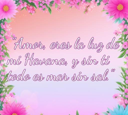 Frase romántica cubana: 'Amor, eres la luz de mi Habana, y sin ti todo es mar sin sal.' Esta cita refleja el amor y la belleza de la cultura cubana, ideal para quienes buscan inspiradoras frases de amor.