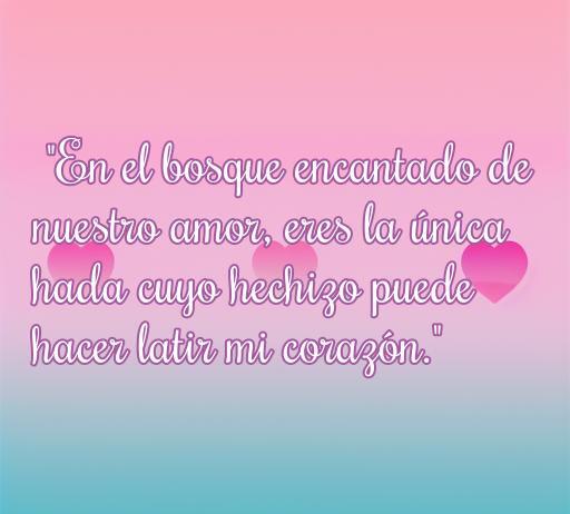 Frase romántica inspiradora sobre el amor de hadas, destacando la conexión emocional y mágica entre dos personas en un bosque encantado.