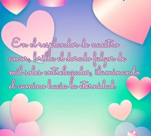 Frase romántica iluminada por corazones y luces en tonos suaves: 'En el resplandor de nuestro amor, brilla el dorado fulgor de mil soles entrelazados, iluminando el camino hacia la eternidad.' Frases de amor inspiradoras.