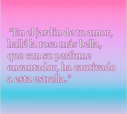 Frase de amor en rima: 'En el jardín de tu amor, hallé la rosa más bella, que con su perfume encantador, ha cautivado a esta estrella.' Ideal para inspirar romance y poesía en un artículo sobre Frases de amor.