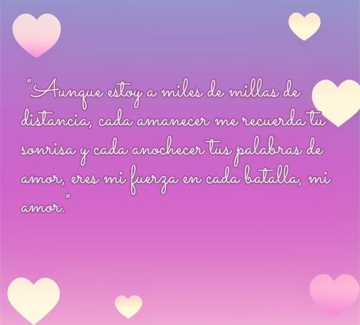 Frase emotiva de amor de un militar a su esposa, destacando la conexión y el apoyo en la distancia. Mensaje sobre amor y valentía, con diseño romántico de corazones. Frases de amor inolvidables para militares.