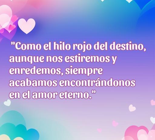 Frase inspiradora sobre el hilo rojo del destino y el amor eterno, ideal para artículos sobre frases de amor. Incluye un fondo colorido con corazones que representa el tema del amor.