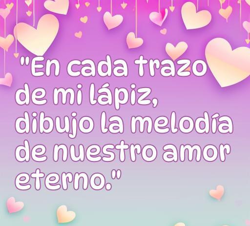 frases de amor dibujadas a lápiz Frase de amor dibujada a lápiz sobre un fondo rosa, que dice 'En cada trazo de mi lápiz, dibujo la melodía de nuestro amor eterno', ideal para inspirar declaraciones románticas.