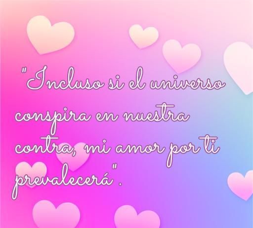 Frase romántica que expresa la fortaleza del amor, rodeada de un fondo de corazones coloridos, ideal para el artículo sobre las Frases de amor dudosas, destacando la resiliencia del amor.