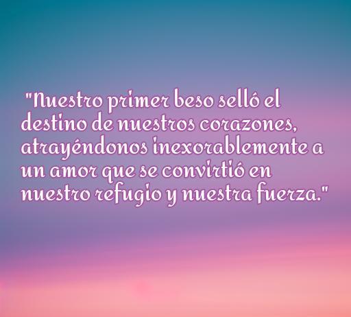 Frase romántica sobre el primer beso que simboliza el inicio de una relación amorosa, destacando la conexión emocional y la fuerza del amor. Frases de amor para comienzos de relaciones.