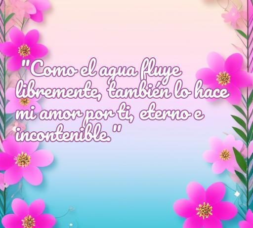 Frase romántica sobre el amor y el agua, con flores de fondo: 'Como el agua fluye libremente, también lo hace mi amor por ti, eterno e incontenible.' Inspiración en frases de amor en agua.