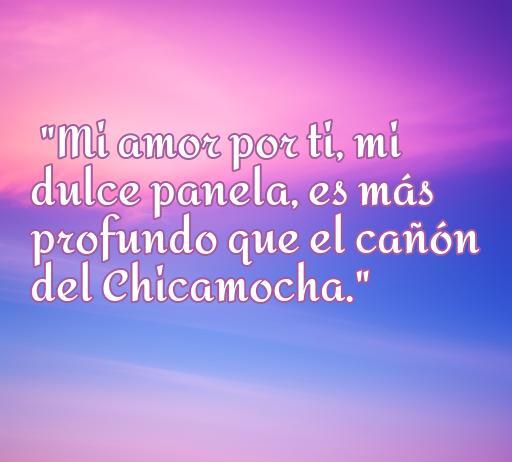 Atractiva frase de amor en colombiano que dice: 'Mi amor por ti, mi dulce panela, es más profundo que el cañón del Chicamocha', ideal para resaltar las Frases románticas en colombiano.