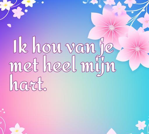 Frase de amor en neerlandés que dice 'Ik hou van je met heel mijn hart', acompañada de un fondo colorido y flores, perfecta para expresar amor en el contexto de las mejores frases románticas.