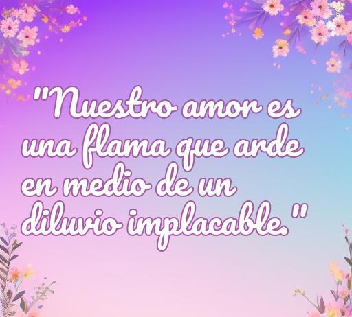 Frase romántica que dice 'Nuestro amor es una llama que arde en medio de un diluvio implacable', representando el amor en peligro. Ideal para el artículo sobre frases de amor en situaciones difíciles.