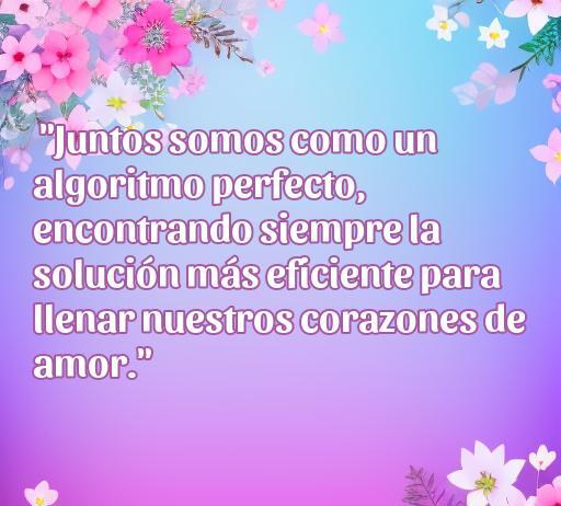 Una bella frase de amor geek que dice: 'Juntos somos como un algoritmo perfecto, encontrando siempre la solución más eficiente para llenar nuestros corazones de amor.' Ideal para inspirar a los amantes de la tecnología y el romance. Frases de amor geek.