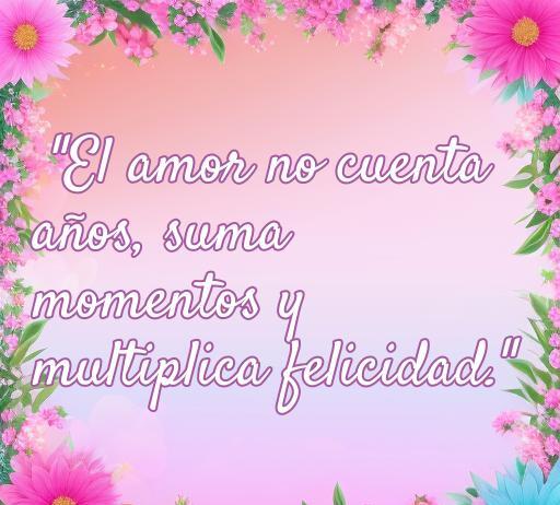 Frase inspiradora sobre el amor que resalta que la edad no es un impedimento, rodeada de flores y un fondo suave, ideal para compartir en redes sociales y reflexionar sobre el verdadero significado del amor.