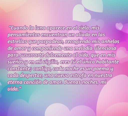 frases de amor largas de buenas noches Frase romántica de buenas noches que habla del amor eterno y los sueños compartidos bajo la luna, ideal para inspirar amor en las noches. Perfecto para el artículo sobre frases de amor largas de buenas noches.