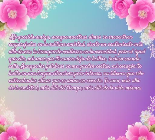 Frase de amor larga para amiga, con un fondo colorido y flores, que expresa sentimientos profundos sobre la amistad y el amor verdadero.