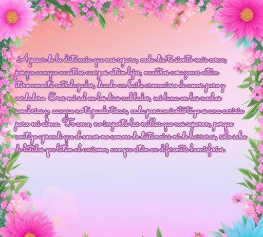 Una hermosa imagen con flores que acompaña una frase de amor sobre la distancia y la conexión emocional con un novio que está lejos. Ideal para expresar sentimientos profundos a través de largas frases de amor.