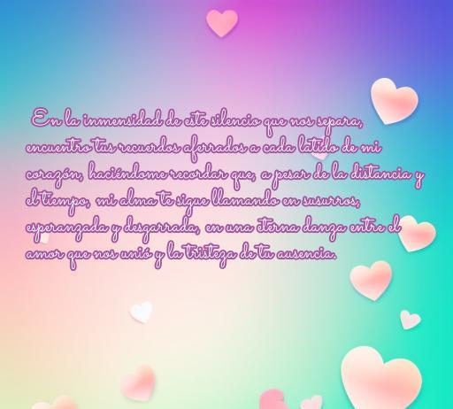 Frase inspiradora de amor sobre la distancia y la tristeza, con un fondo de corazones, ideal para resaltar emociones profundas en frases de amor largas y tristes.