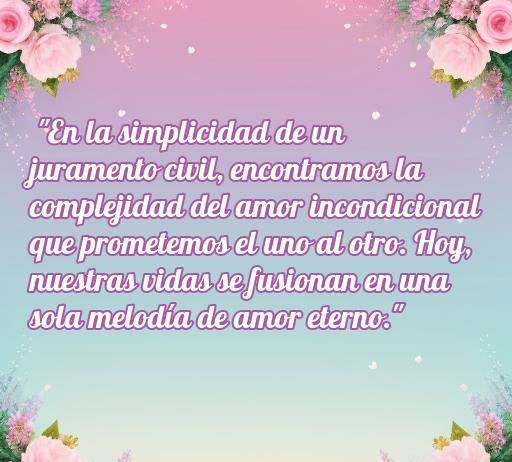 Frase inspiradora sobre el amor eterno en bodas civiles, perfecta para captar la esencia de un juramento civil. Incluye un mensaje de amor incondicional y la fusión de dos vidas en una sola melodía.
