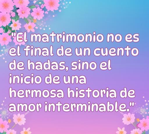Frase inspiradora sobre el amor y el matrimonio: 'El matrimonio no es el final de un cuento de hadas, sino el inicio de una hermosa historia de amor interminable.' Ideal para reflexionar sobre el amor con frases para casadas.