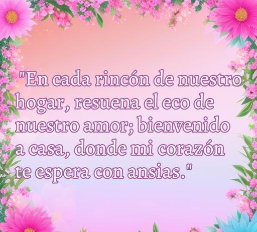 Frase de amor decorativa con flores que dice 'En cada rincón de nuestro hogar, resuena el eco de nuestro amor; bienvenido a casa, donde mi corazón te espera con ansias', ideal para dar la bienvenida a casa.