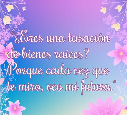 Frase divertida de amor que combina humor y romanticismo: '¿Eres una tasación de bienes raíces? Porque cada vez que te miro, veo mi futuro.' Ideal para compartir en bromas sobre el amor.