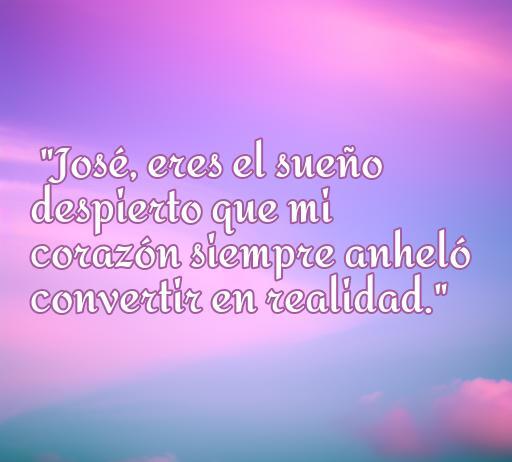 Frase inspiradora de amor dirigida a José: 'José, eres el sueño despierto que mi corazón siempre anheló convertir en realidad.' Perfecta para expresar sentimientos profundos y románticos. Ideal para quienes buscan las mejores frases de amor para José.