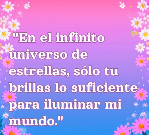 Frase de amor inspiradora que dice: 'En el infinito universo de estrellas, sólo tú brillas lo suficiente para iluminar mi mundo.' Ideal para expresar sentimientos a la persona que te gusta. Frases de amor románticas.