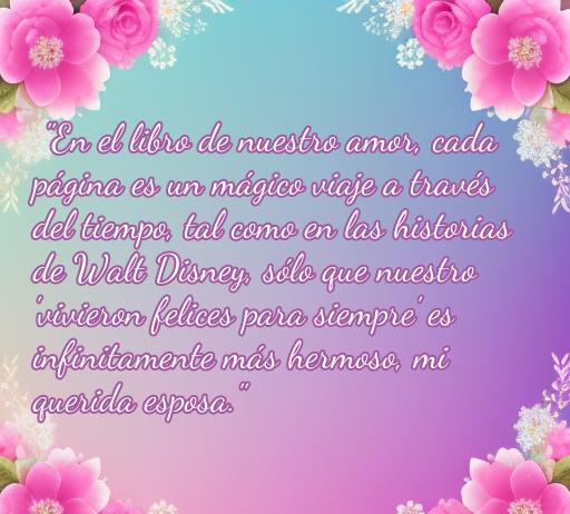 frases de amor para mi esposa walt disney Frase de amor inspirada en Walt Disney: 'En el libro de nuestro amor, cada página es un mágico viaje a través del tiempo...' para dedicar a mi esposa, llenando de magia y cariño nuestra relación.