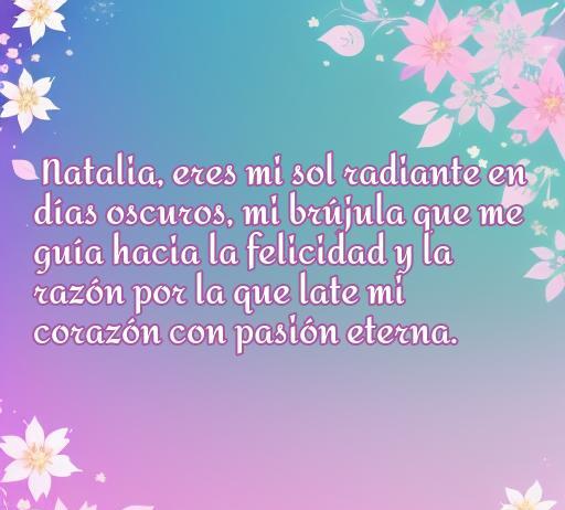 Frase de amor inspiradora dedicada a Natalia, resaltando sentimientos de felicidad y pasión eterna, ideal para compartir como una frase romántica.