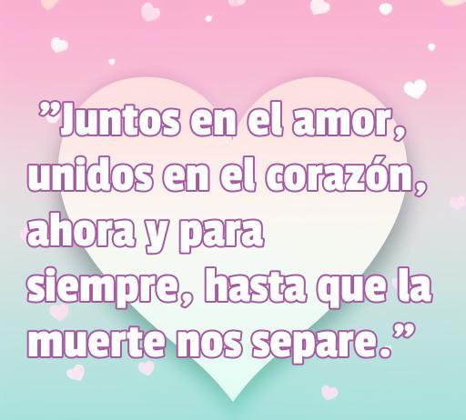 Frase inspiradora de amor para invitaciones de boda que dice 'Juntos en el amor, unidos en el corazón, ahora y para siempre, hasta que la muerte nos separe.' Ideal para matrimonios, reflexiones sobre el amor y citas románticas.