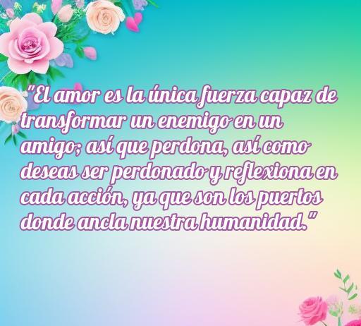 Frase inspiradora sobre el amor, el perdón y la reflexión, destacando la importancia de transformar relaciones a través del entendimiento y la empatía. Ideal para temas de frases de amor, perdón y crecimiento personal.
